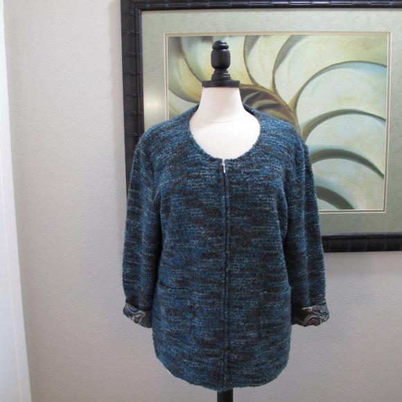 VINTAGE - WINTER SILKS - Silk Wool Blend Turquoise Full Zip Cardigan - Picture 6 of 12